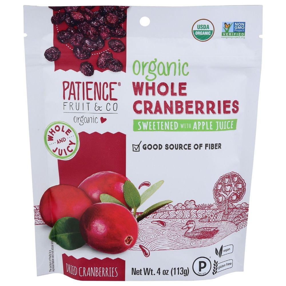 Patience Fruit and Co Organic Whole Dried Cranberries Sweetened with Apple Juice, 4 Ounce -- 8 per case