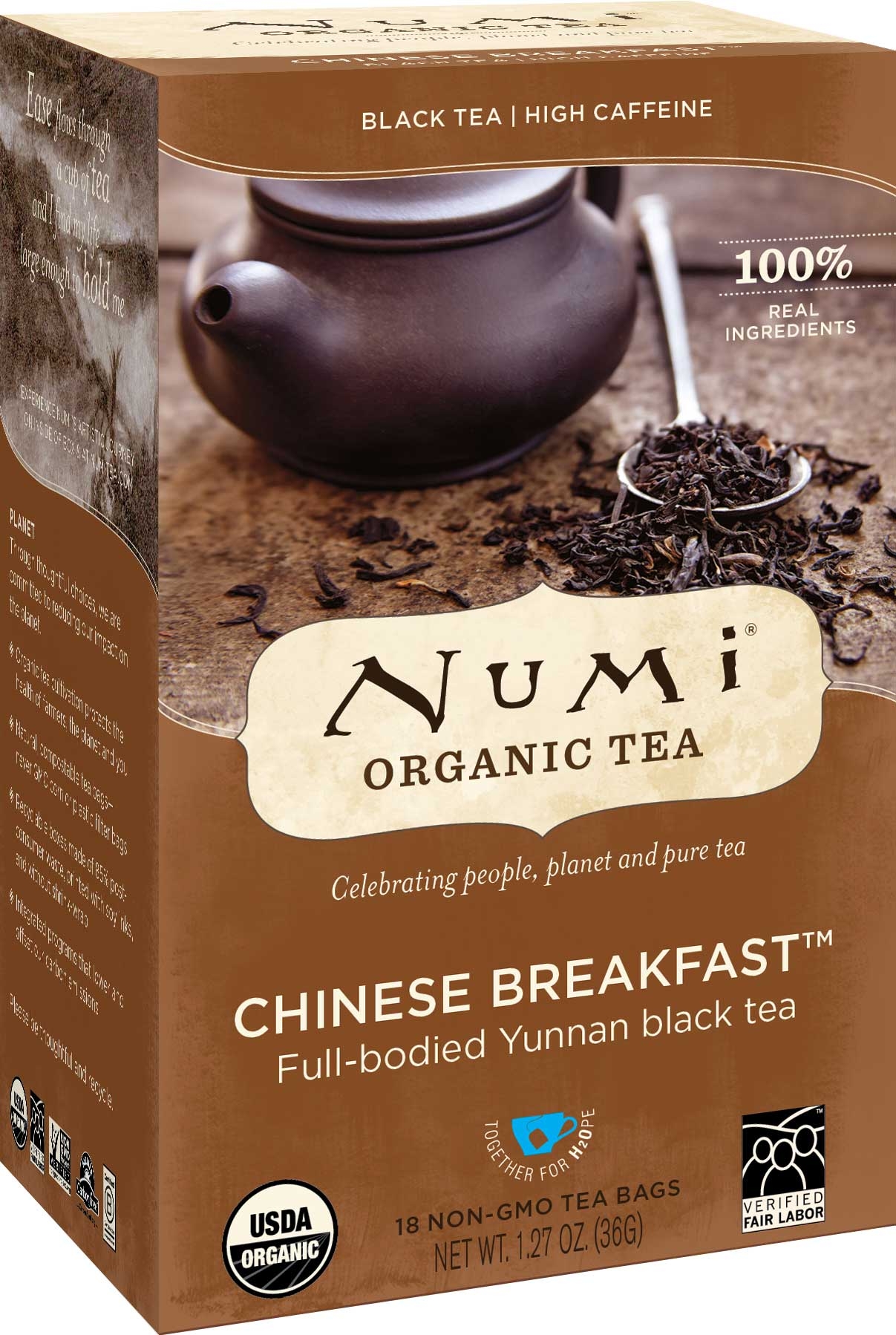 Numi Organic Chinese Breakfast Full Bodied Yunnan Black Tea, 18 tea bags per pack -- 6 per case.