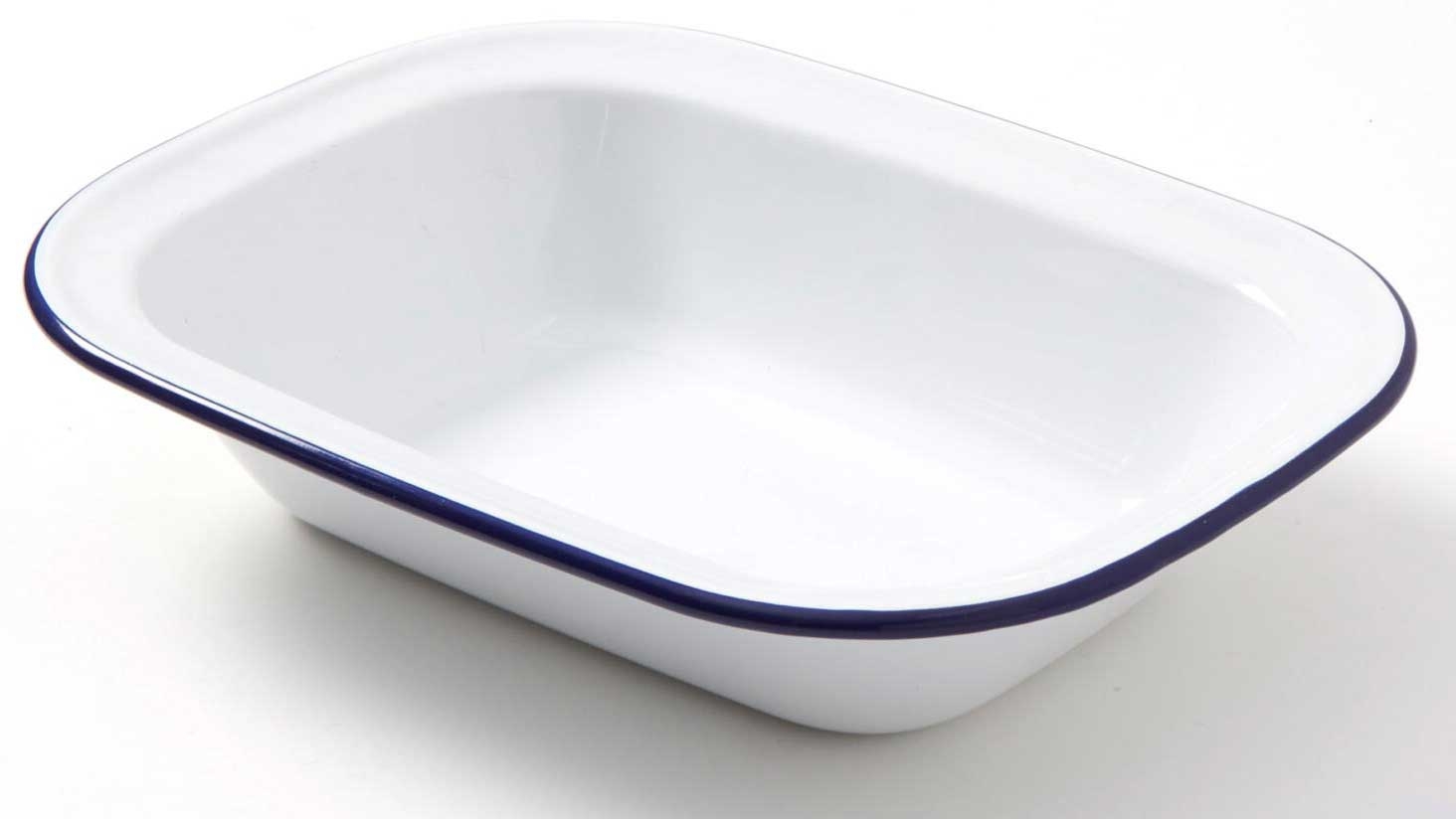 American Metalcraft White with Blue Rim Oblong Enamel Bowl, 32 Ounce