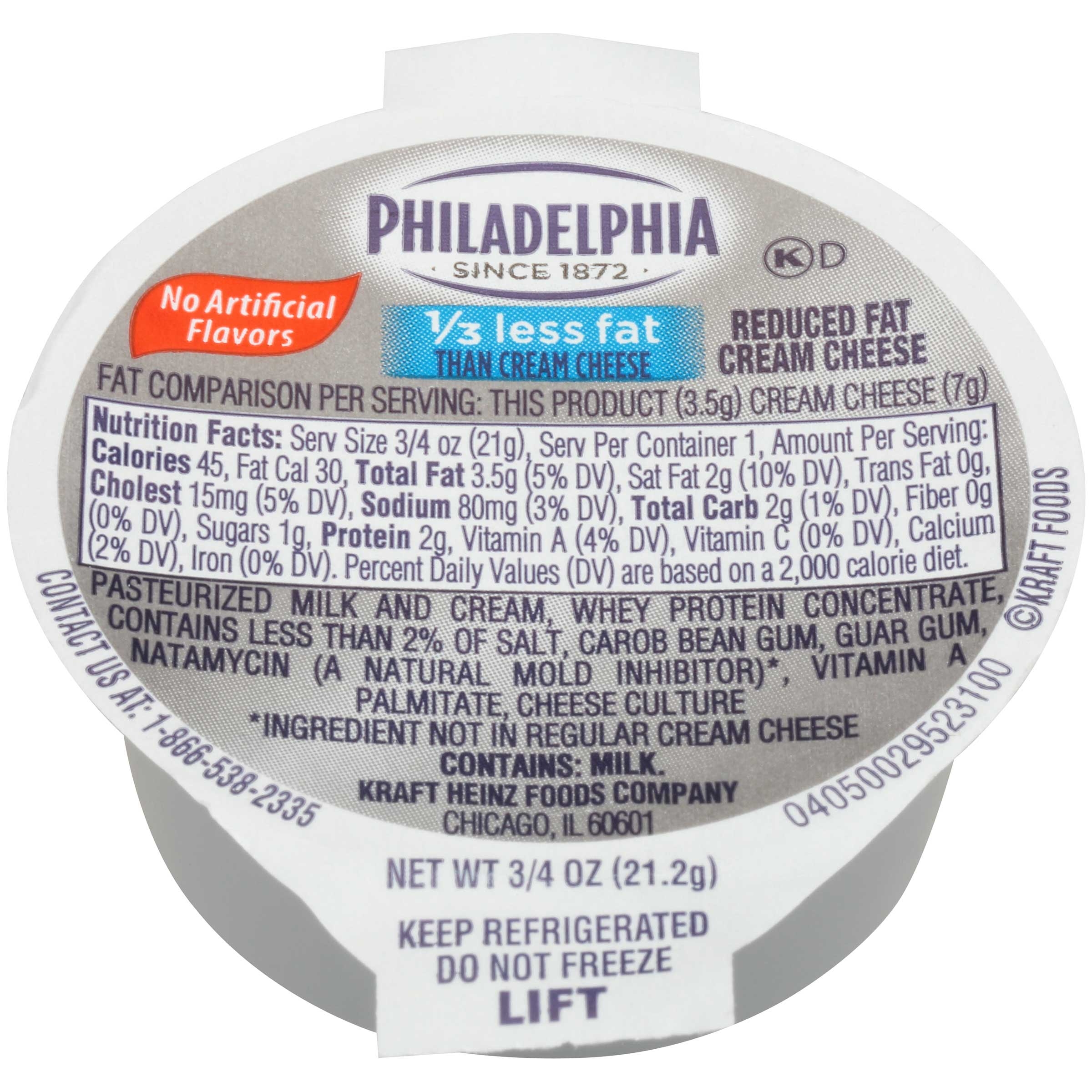 Kraft Philadelphia Light Cream Cheese - Cup, 3/4 Ounce -- 100 per case.
