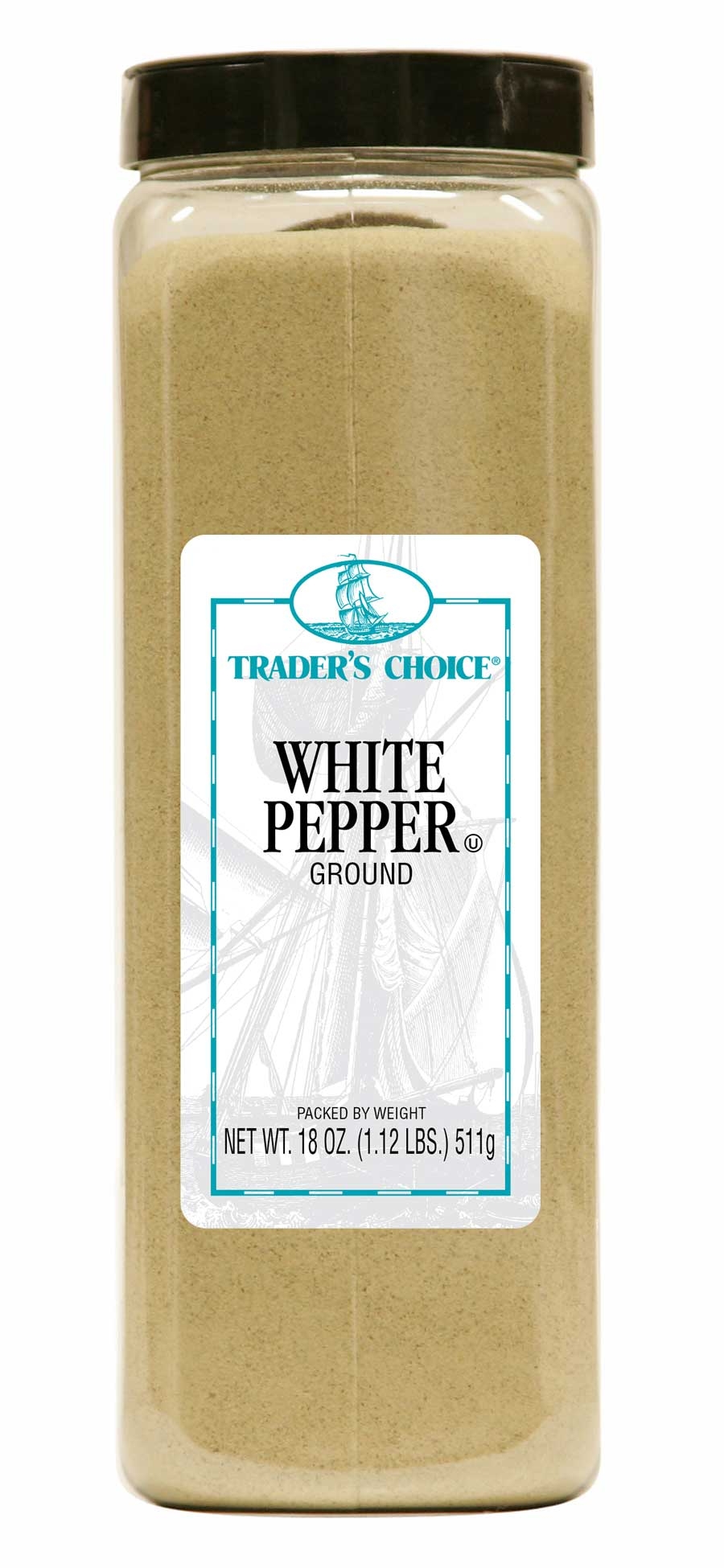 Traders Choice Ground White Pepper - 18 oz. container, 6 per case