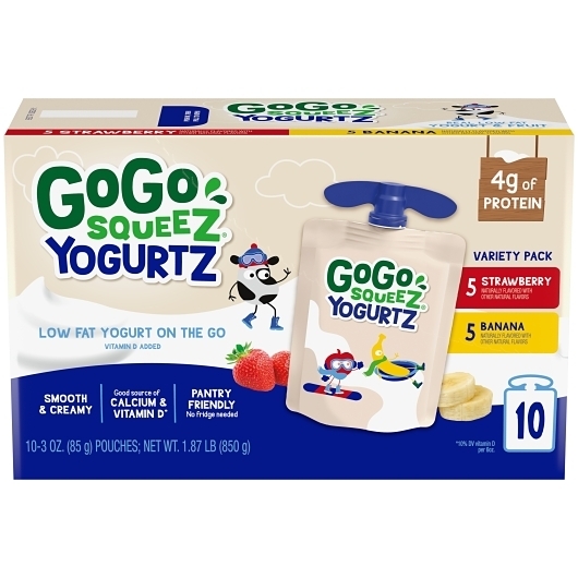 GoGo squeeZ YogurtZ on the Go Strawberry and Banana Variety Pack, 3 Ounce - 10 count per pack -- 6 packs per case