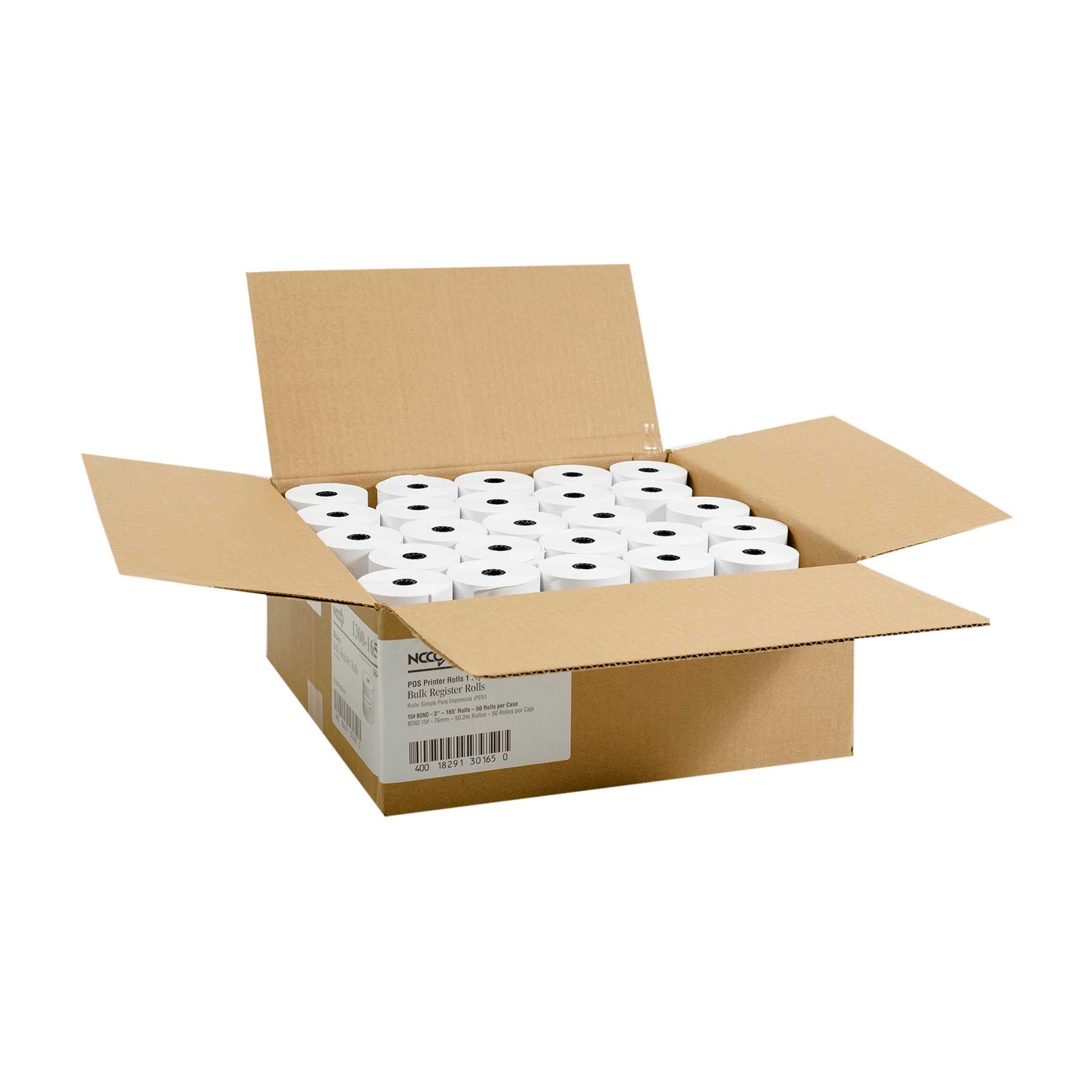 National Checking Company White Bond 1 Ply Register Roll, 3 inch -- 50 rolls per case.