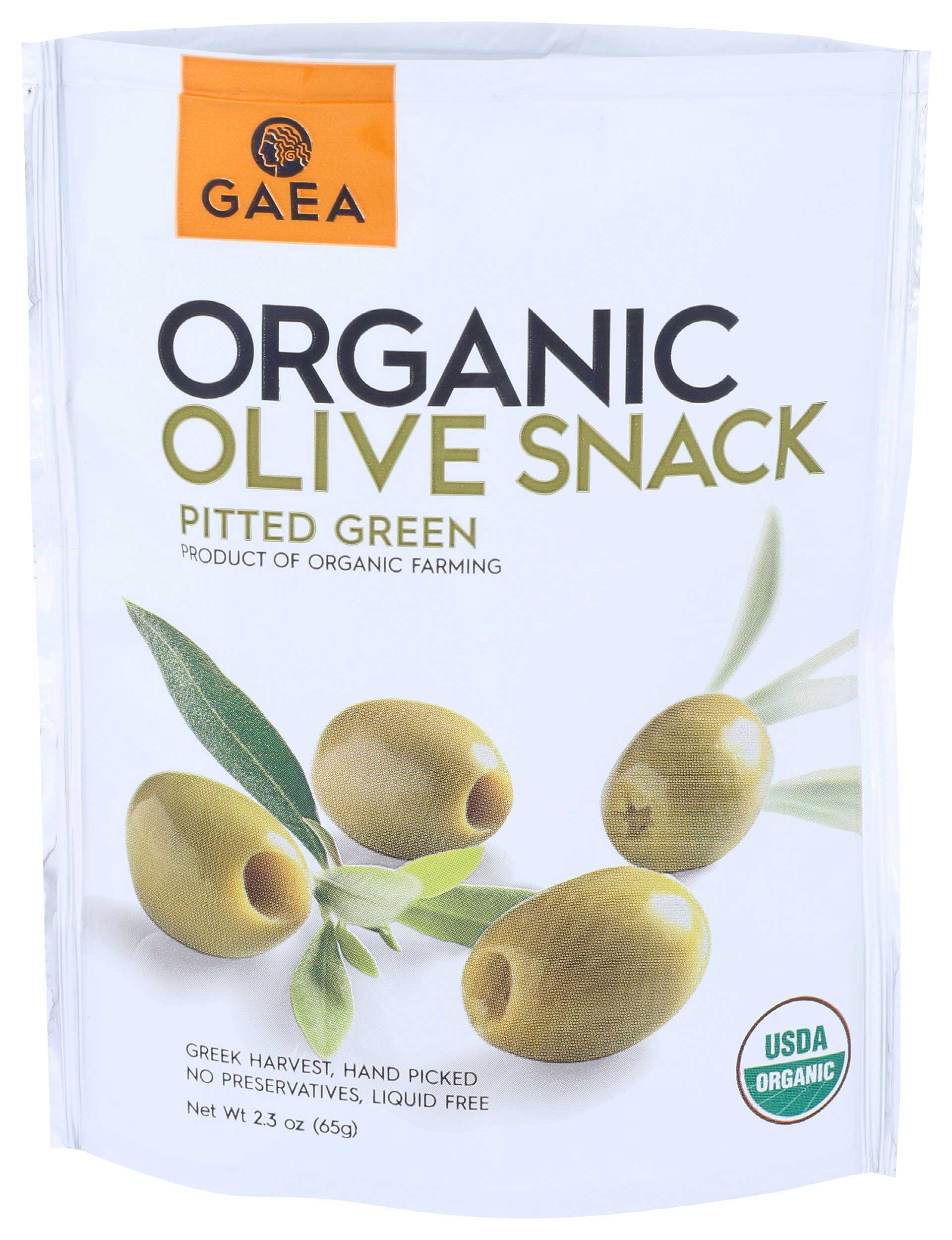 Gaea Organic Pitted Green Olives - Snack Pack, 2.3 Ounce -- 8 per case