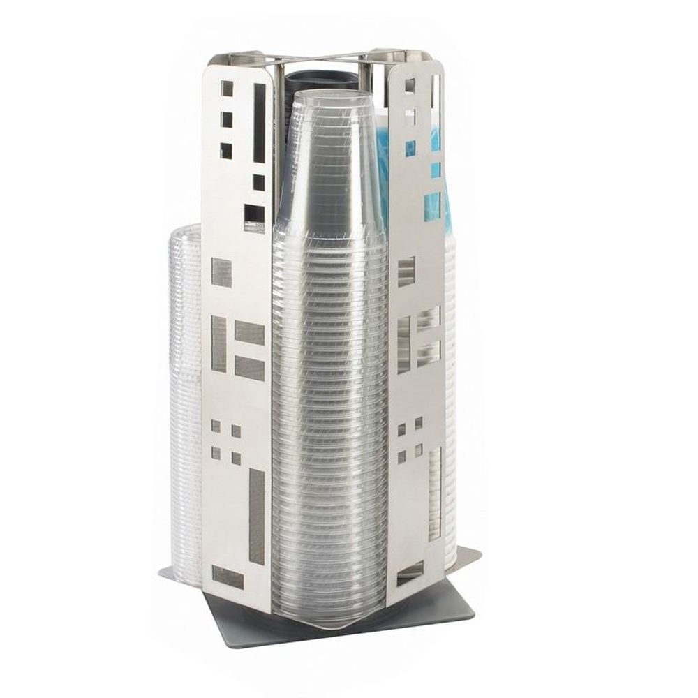 Cal-Mil Squared Stainless Steel 4-Section Revolving Cup and Lid Organizer, 8.125 x 8.125 x 18.125 inch