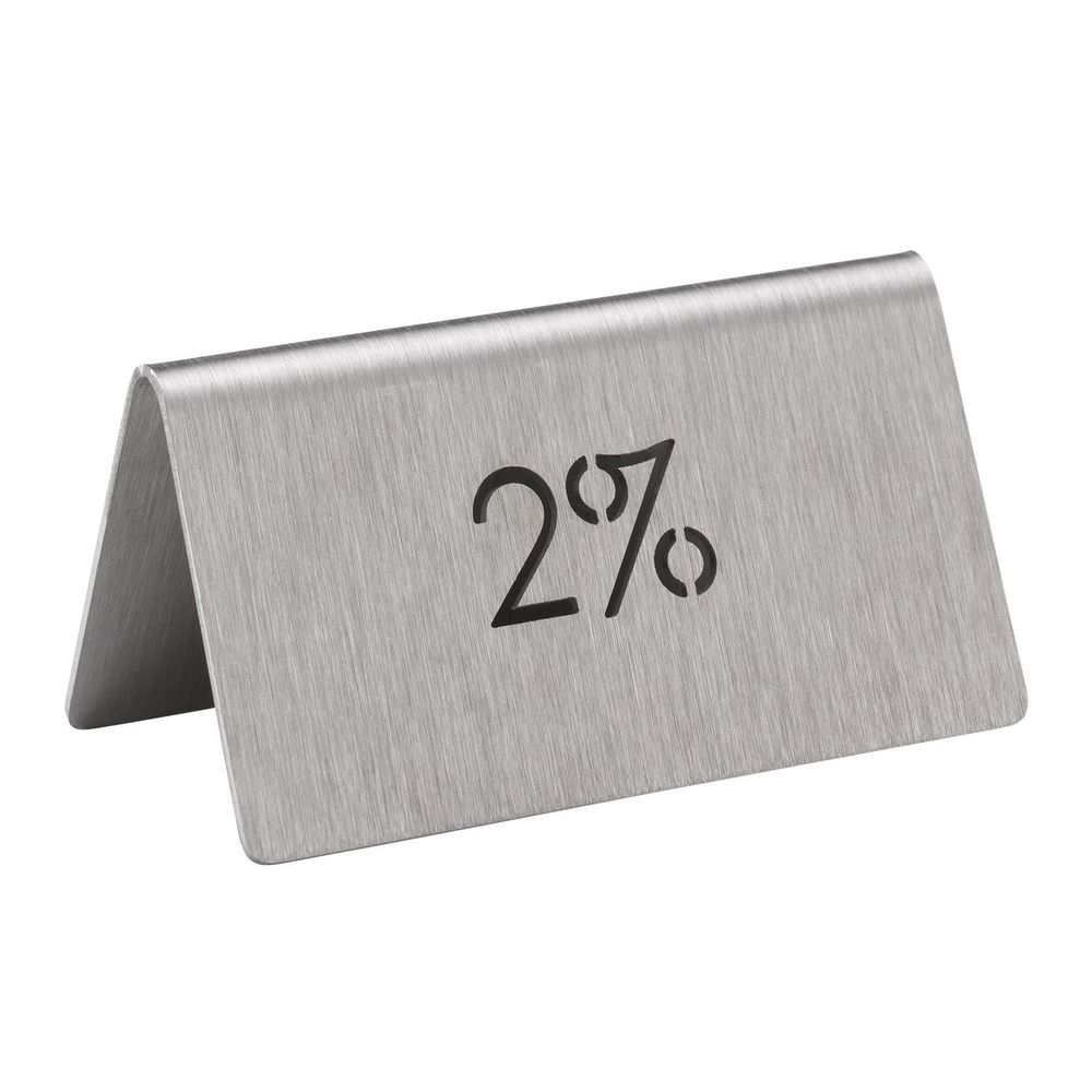 Service Ideas 18/8 Stainless Steel Brushed Finish 2 Percent Laser Cut ID Table Tent, 1.75 inch Width x 1.5 inch Height