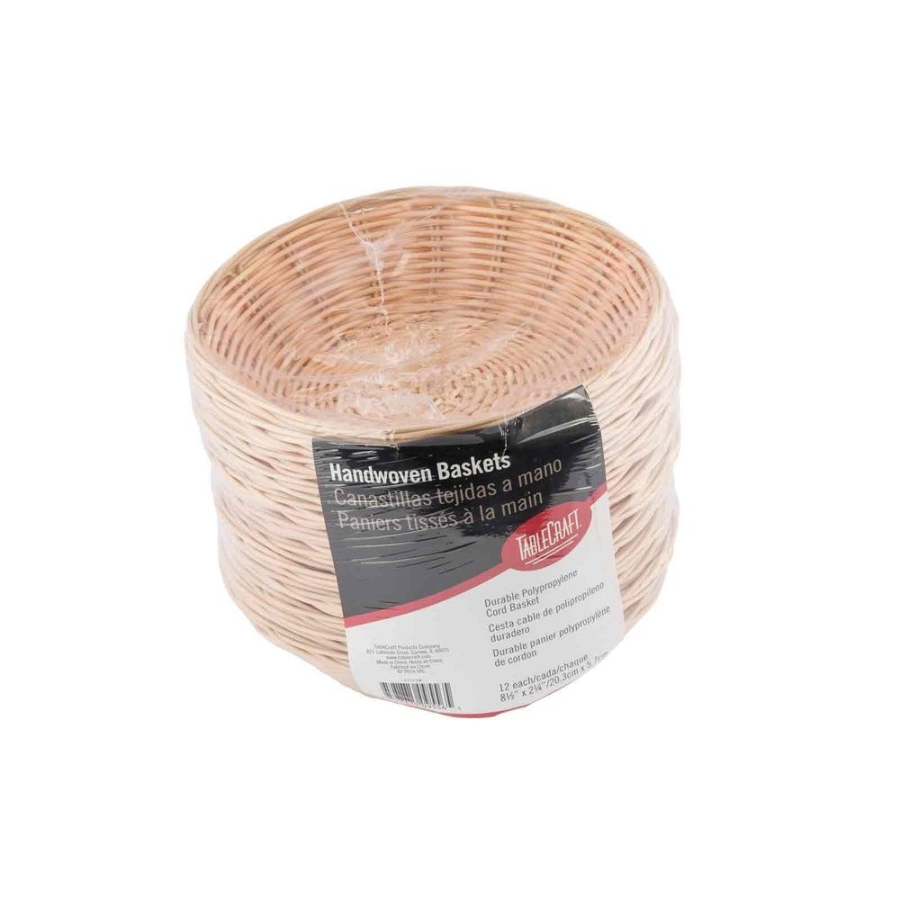 Tablecraft 8.5 inch Polypropylene Casing Steel Interior Handwoven Round Natural Serving Basket, 12 count