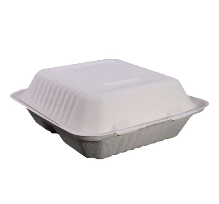 KITCH 24/7 White Compostable 3 Compartment Molded Fiber Hinged Container, 8 x 8 inch -- 200 per case