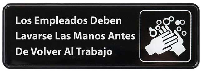 Winco Black Employee Must Wash Hands Spanish Information Sign, 3 x 9 inch -- 144 per case
