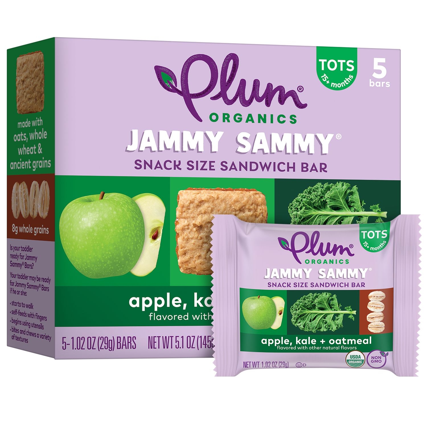 Plum Organics Jammy Sammy Apple Kale Plus Oatmeal Sandwich Bar, 1.02 Ounce -- 6 per case