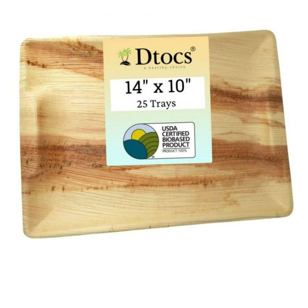 Dtocs Palm Leaf 14 inch x 10 inch Rectangle Disposable Tray -- 25 per case
