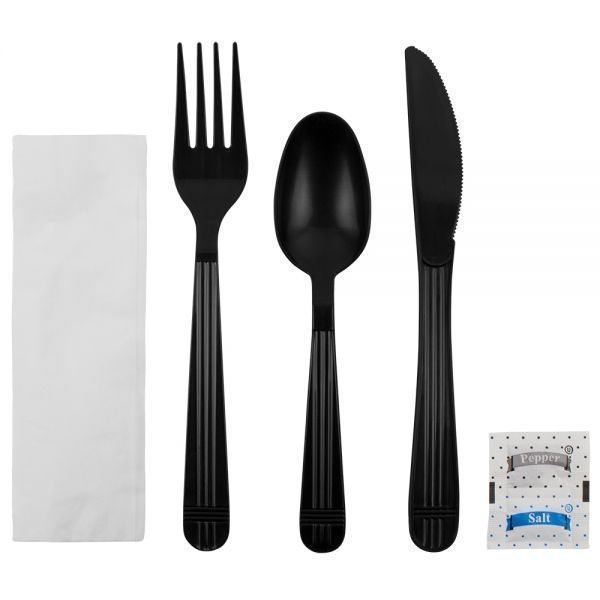 Karat Plastic Black Heavy Weight Cutlery Kits with Salt and Pepper -- 250 per case.