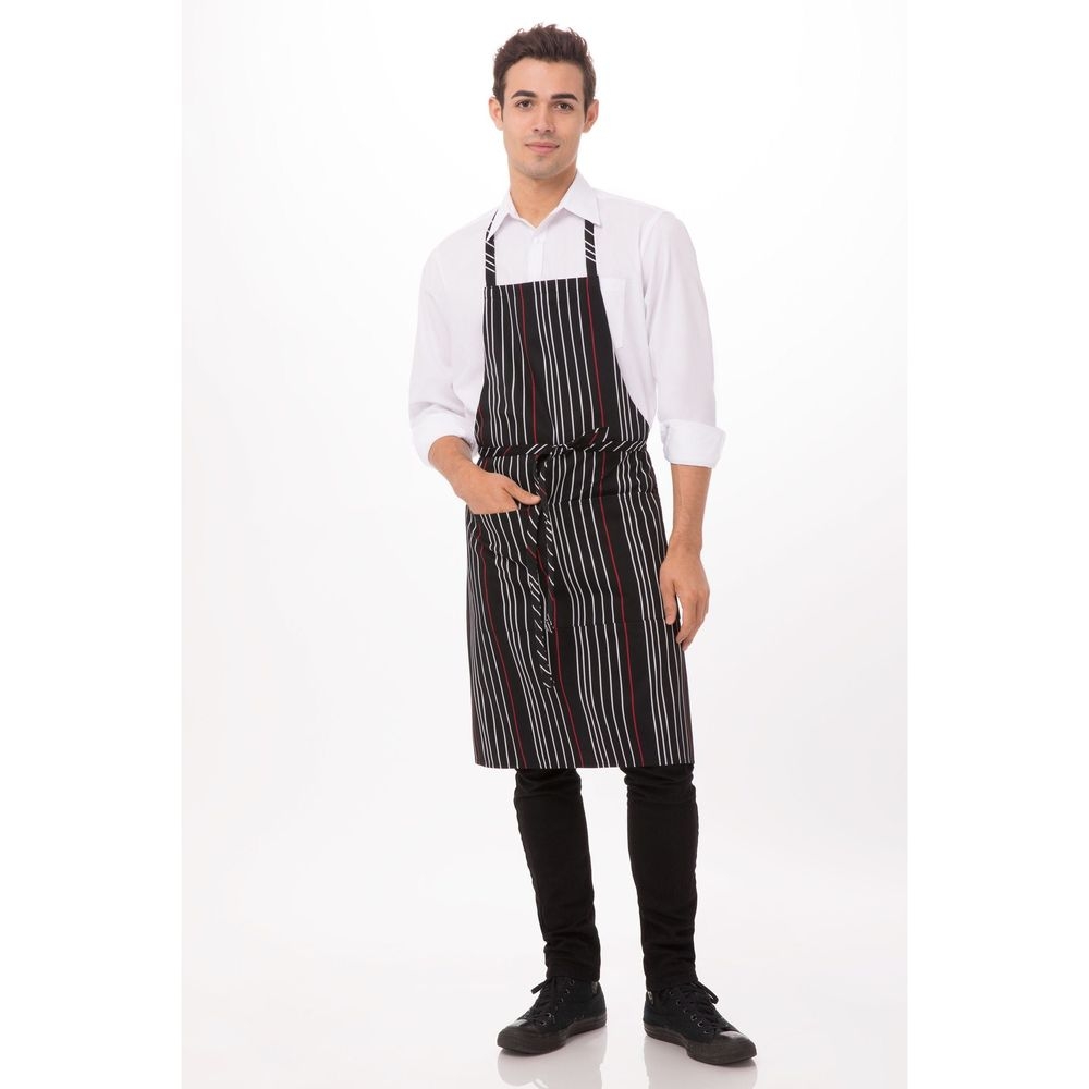 Chef Works Black with White and Red Striped Bib Apron, 34 inch Long x 24 inch Wide