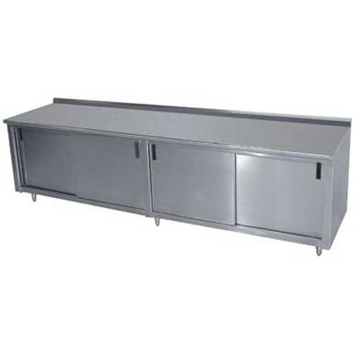 Stainless Steel 1 1/2 inch Backsplash Enclosed Base Work Table With Slide Door, 36X108 inch.