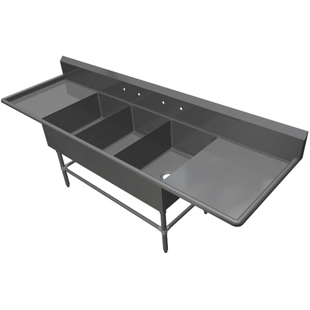 John Boos 16 Gauge Stainless Steel Three Bowl Bakery Sink with 20 inch Left and Right Drainboard, 103 1/4 x 33 1/2 inch.