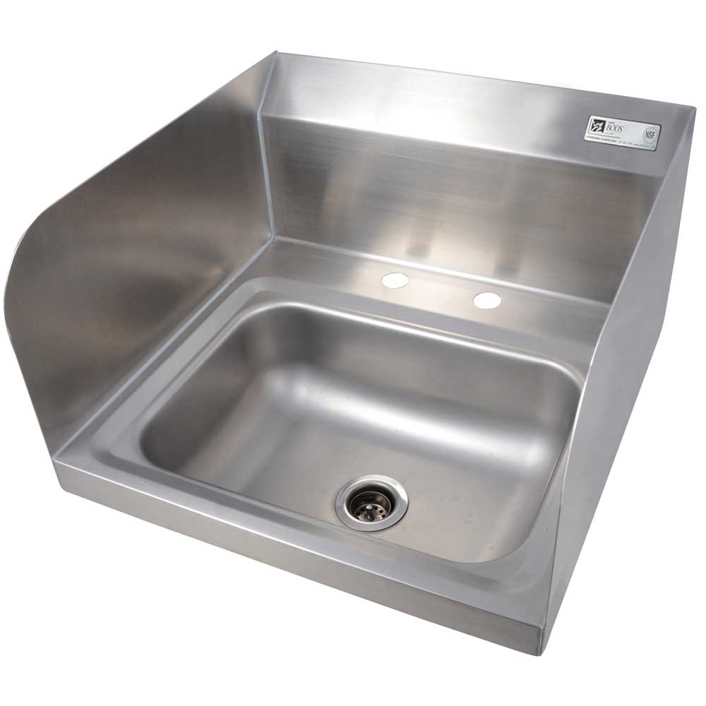 John Boos Stainless Steel Wall Mount Hand Sink with 2 Holes Deckmount Faucet and Left and Right Side Splash, 14 x 10 x 5 inch.