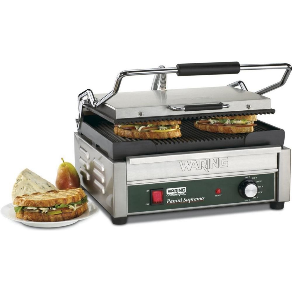 Waring Commercial Panini Supremo Large Grooved Panini Grill with Timer, 208 Volts.