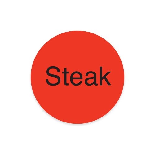 Daymark Radiant DuraMark Fl Red Steak Deli Label, 1 inch Circle - 1000 per roll -- 12 rolls per case.