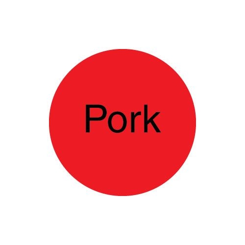 Daymark Radiant DuraMark Fl Red Pork Deli Label, 1 inch Circle - 1000 per roll -- 12 rolls per case.