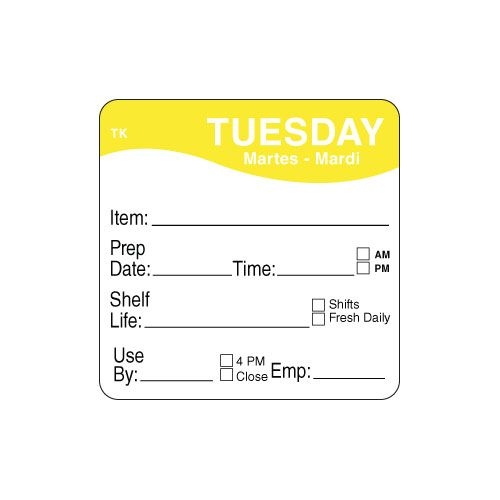 ToughMark Tuesday 2 x 2 inch Day of the Week Labels, 500 count per roll -- 576 rolls per case.