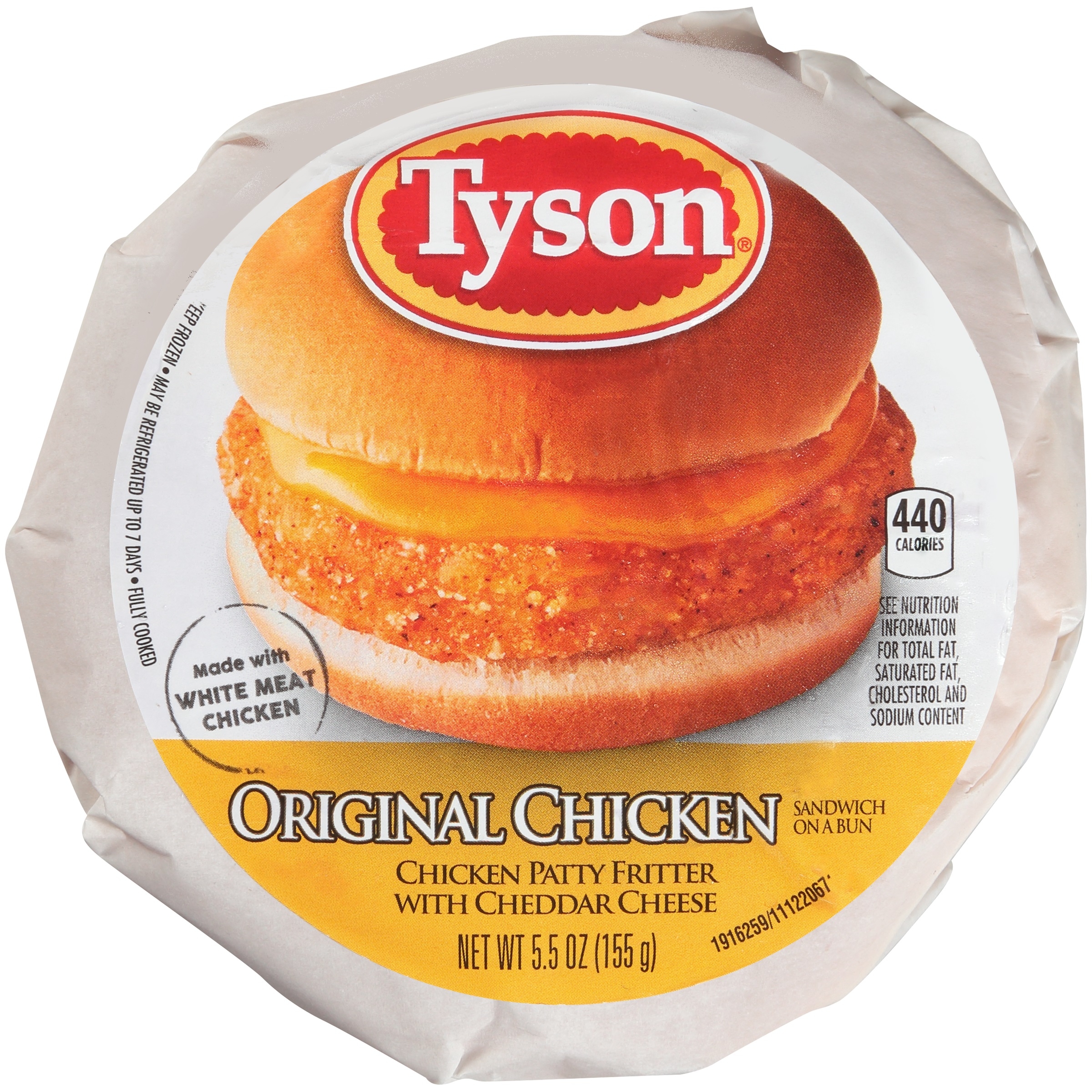 Tyson Foods Original Chicken Patty Fritter with Cheddar Cheese Sandwich, 5.5 Ounce -- 12 per case.