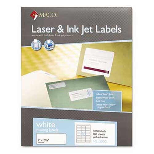 MACO White Laser/Inkjet Shipping & Address Labels, 1 x 2 5/8, 3000/Box