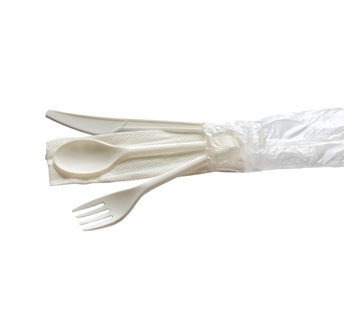 Kitch 24/7 Compostable White Fork Knife Spoon with Napkin Wrapped Kit -- 250 per case