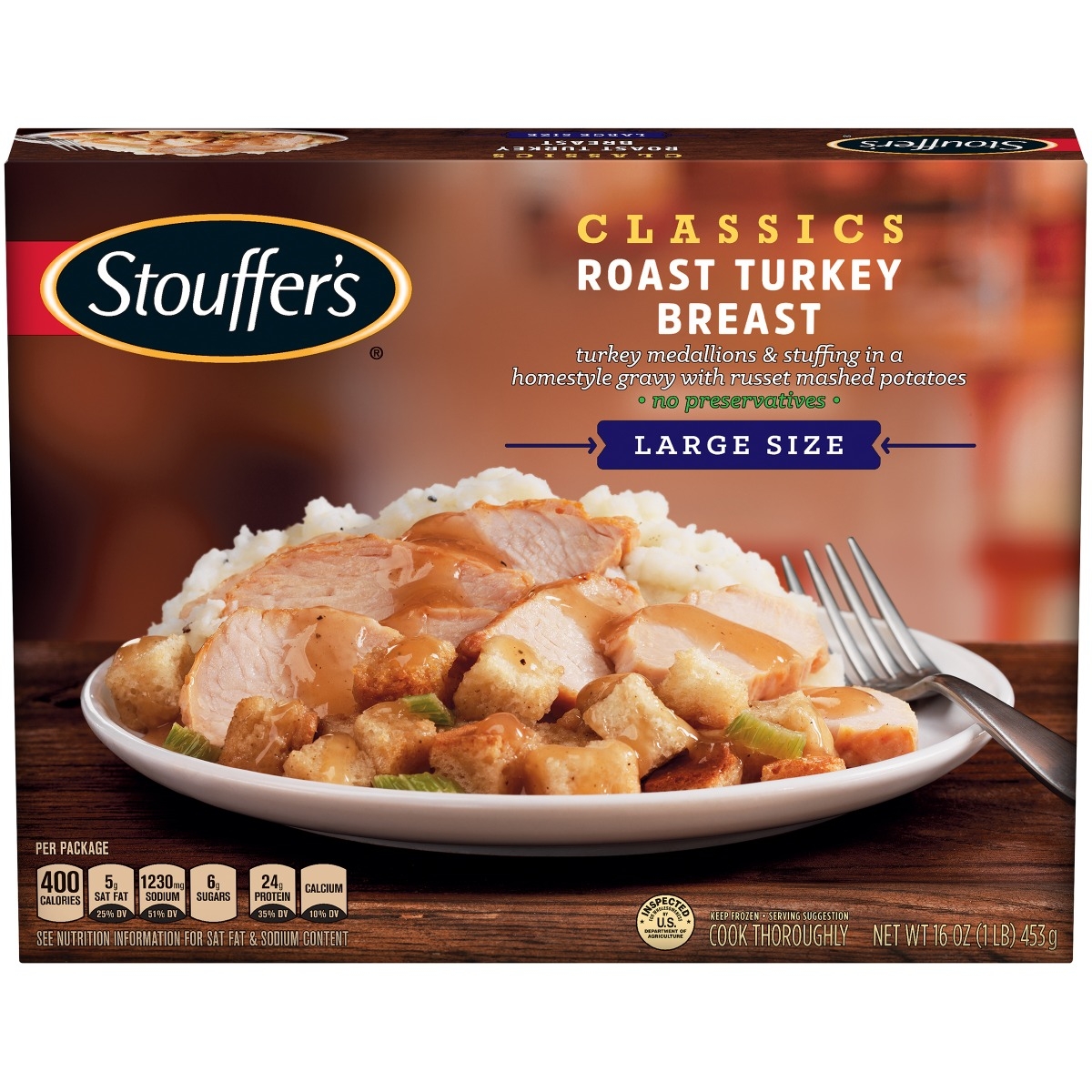 Nestle Stouffers Dinner Size Homestyle Selects Roast Turkey Breast and Dressing, 16 Ounce -- 12 per case.