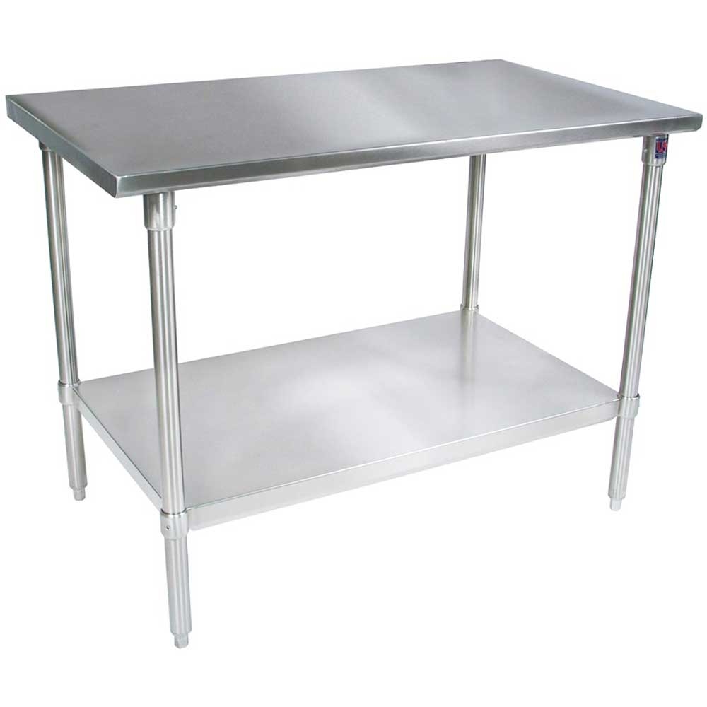 John Boos 14 Gauge Stainless Steel Flat Top Work Table with Galvanized Base and Adjustable Shelf, 48 x 24 inch.