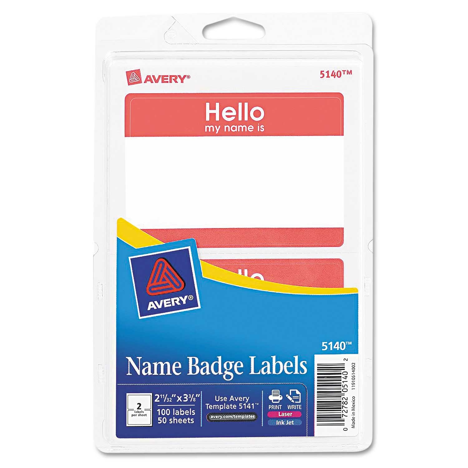 Avery Red Hello Printable Self-Adhesive Name Badge, 2 1/3 x 3 3/8 inch - 100 per pack -- 1 pack