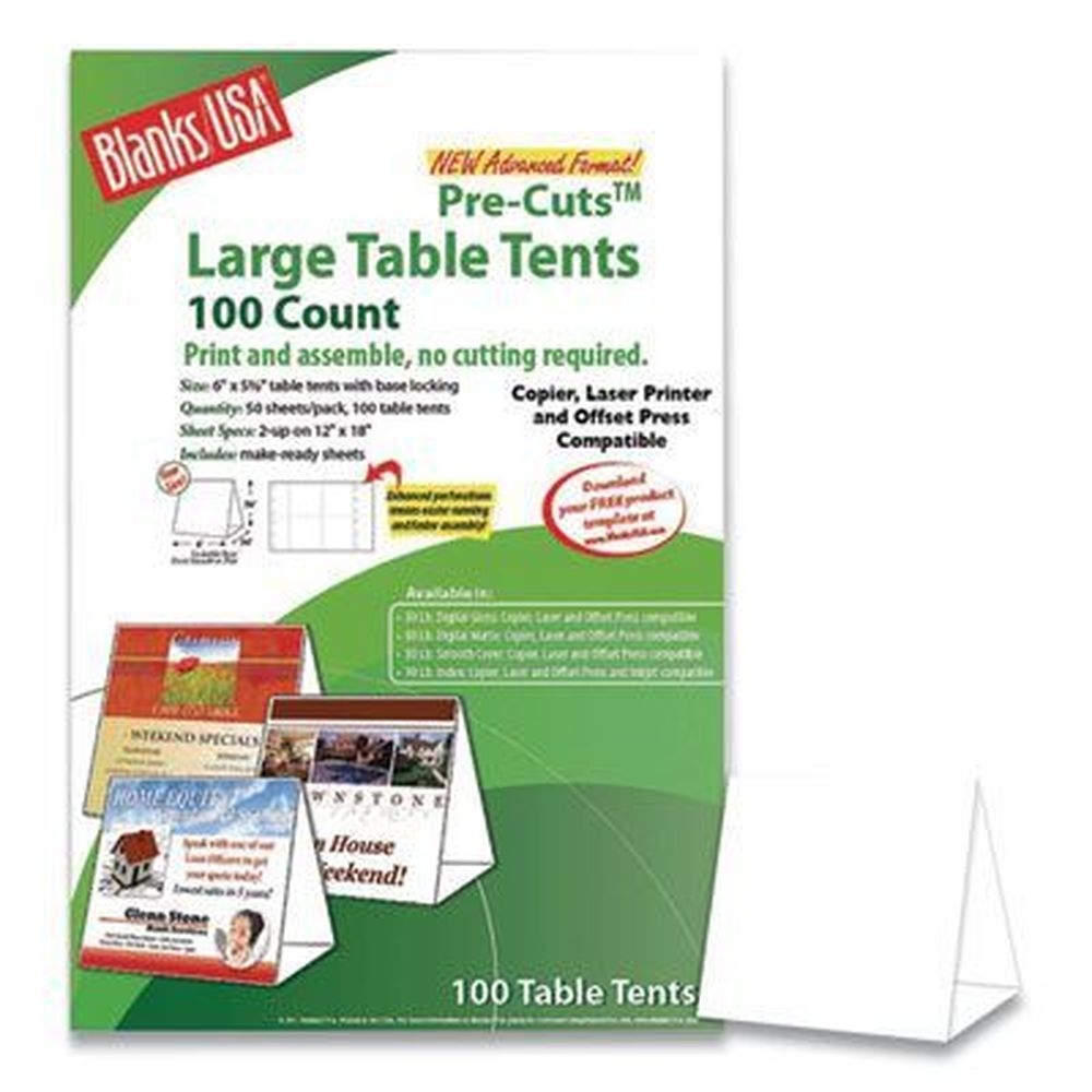 Blanks USA White Table Tent, 12 x 18 inch - 2 per sheet -- 50 sheets per pack